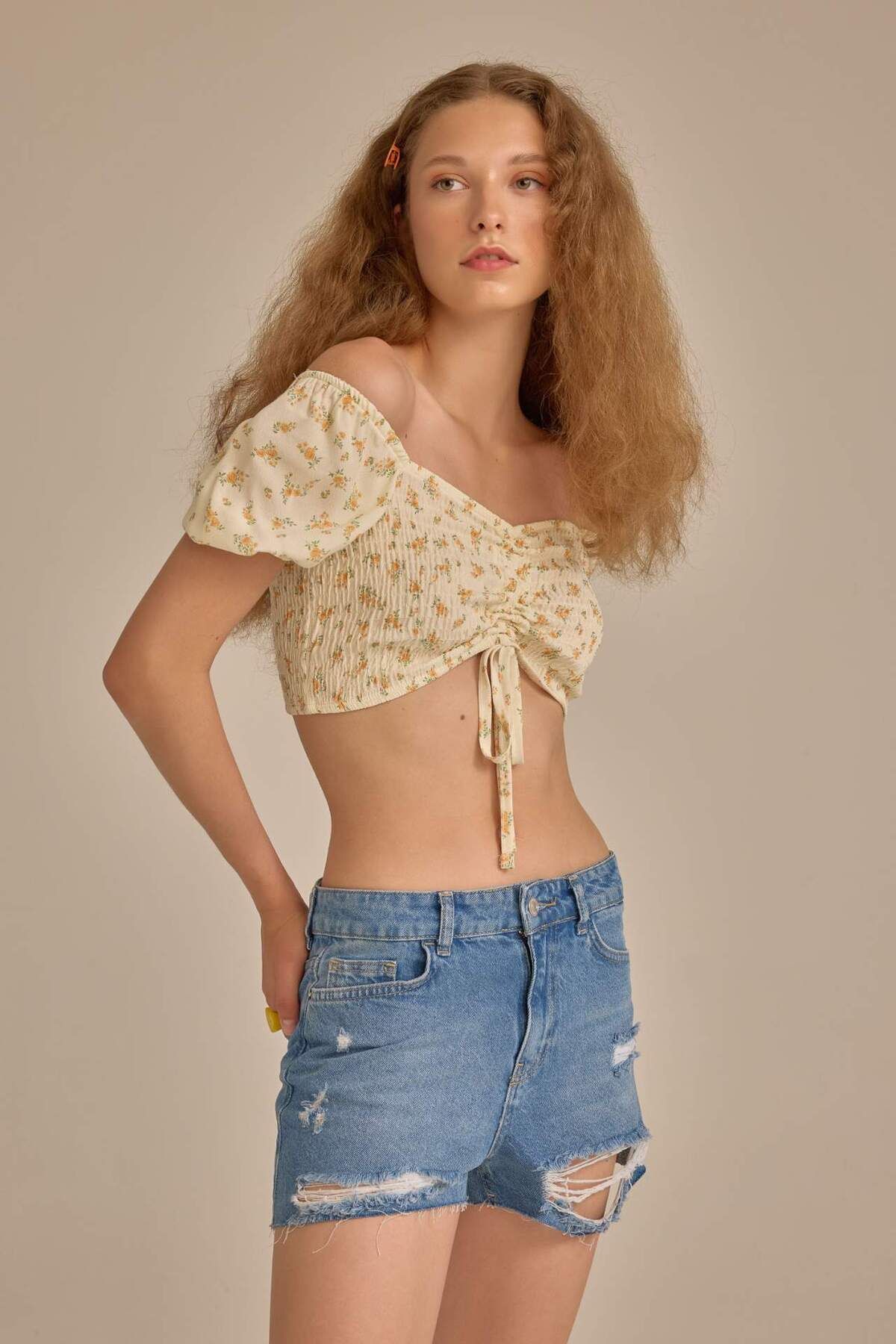 DeFacto-Fitted Crop Patterned Moroccan Short Sleeve Blouse D3520Ax24Hs 4