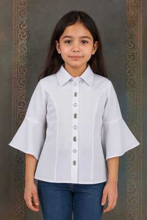 Elayza İNCİLERLE SÜSLÜ %70 PAMUKLU KIZ ÇOCUK BEYAZ GÖMLEK/ 23 NİSAN OKUL GÖML...