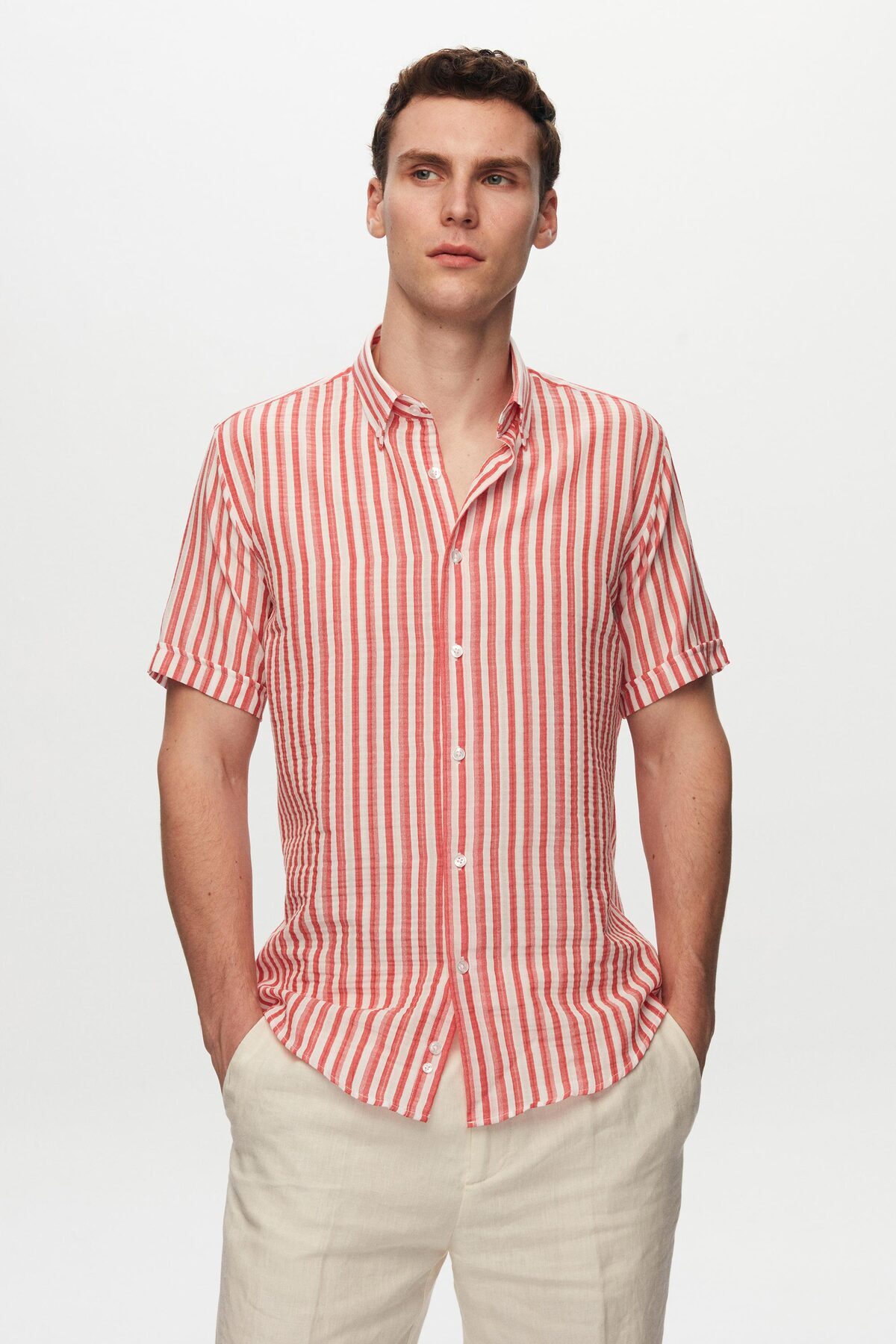 دی اس دامات پیراهن تابستانی آستین کوتاه راه راه قرمز Seersucker مدل Slim Fit از برند Ds Groom