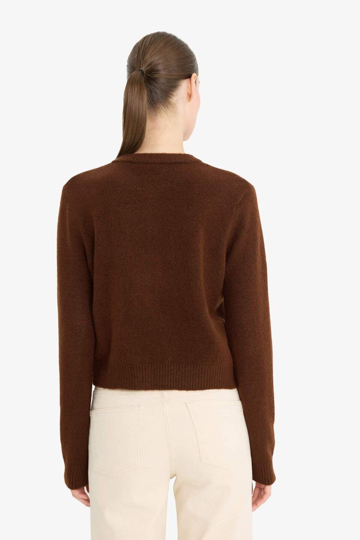 DeFacto-Regular Fit Crew Neck Basic Plain Button Soft Touch Soft Knitwear Cardigan E3654Ax25Wn 6