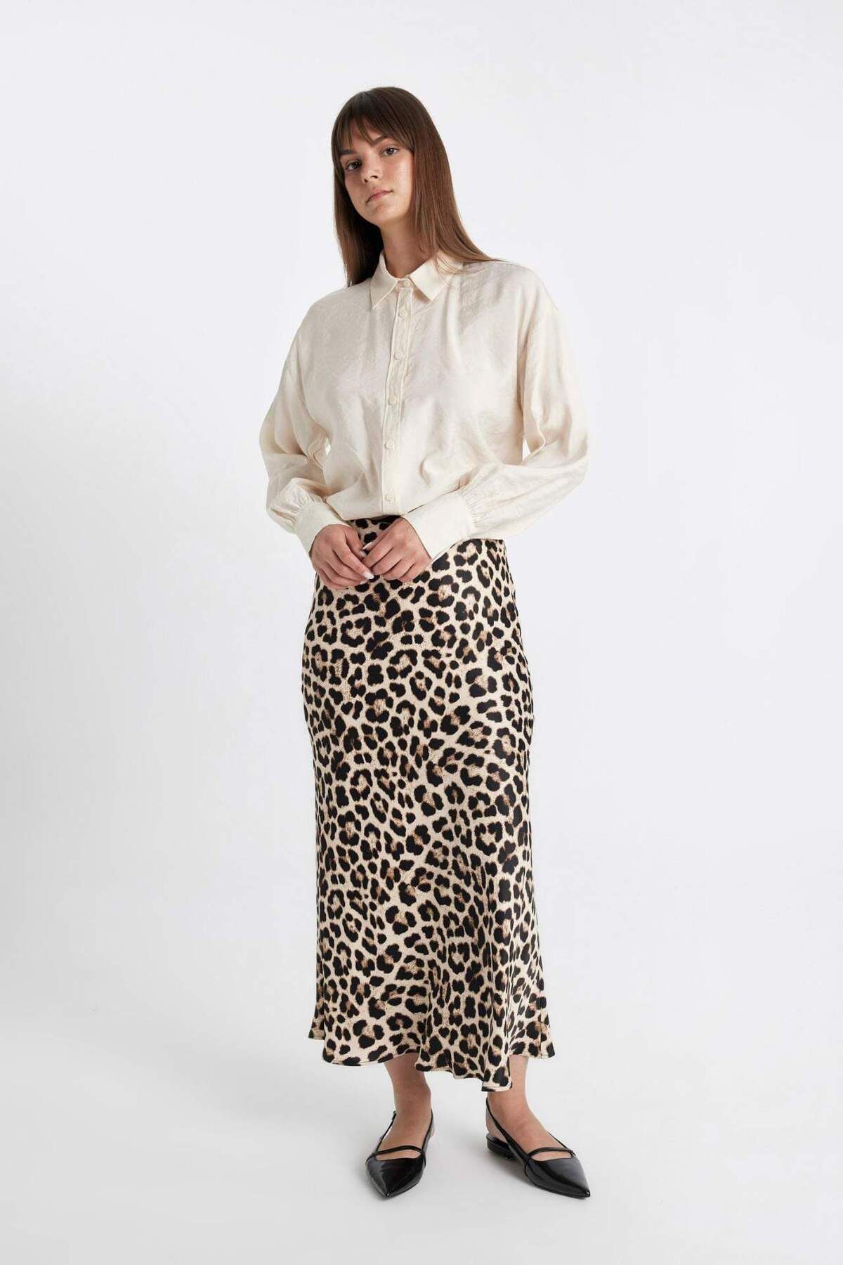DeFacto-High Waist Leopard Patterned Satin Skirt - Long/Maxi Size D3905Axns 1