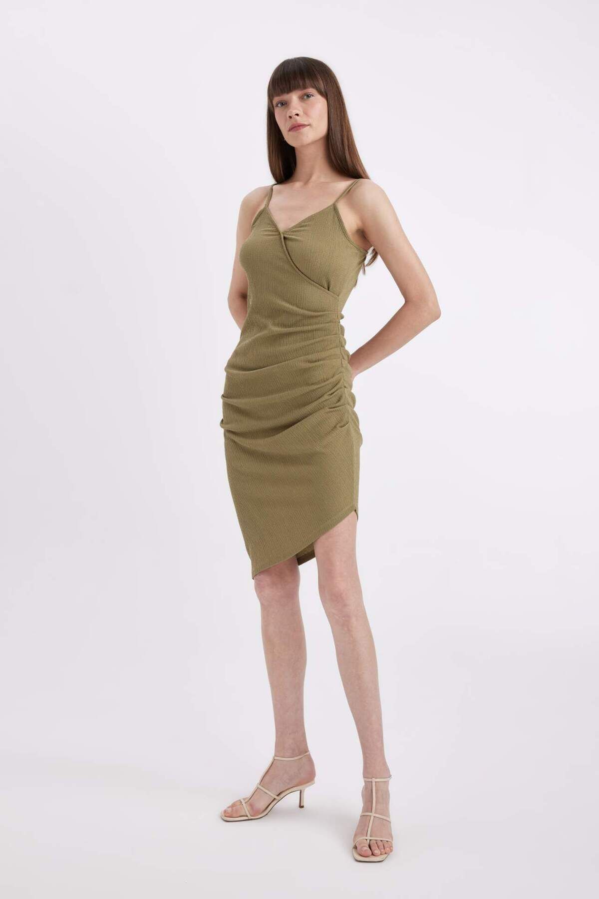 Bodycon Vücudu Saran V Yaka Drapeli Bürümcük Askılı Midi Abiye Elbise A8880ax24hs