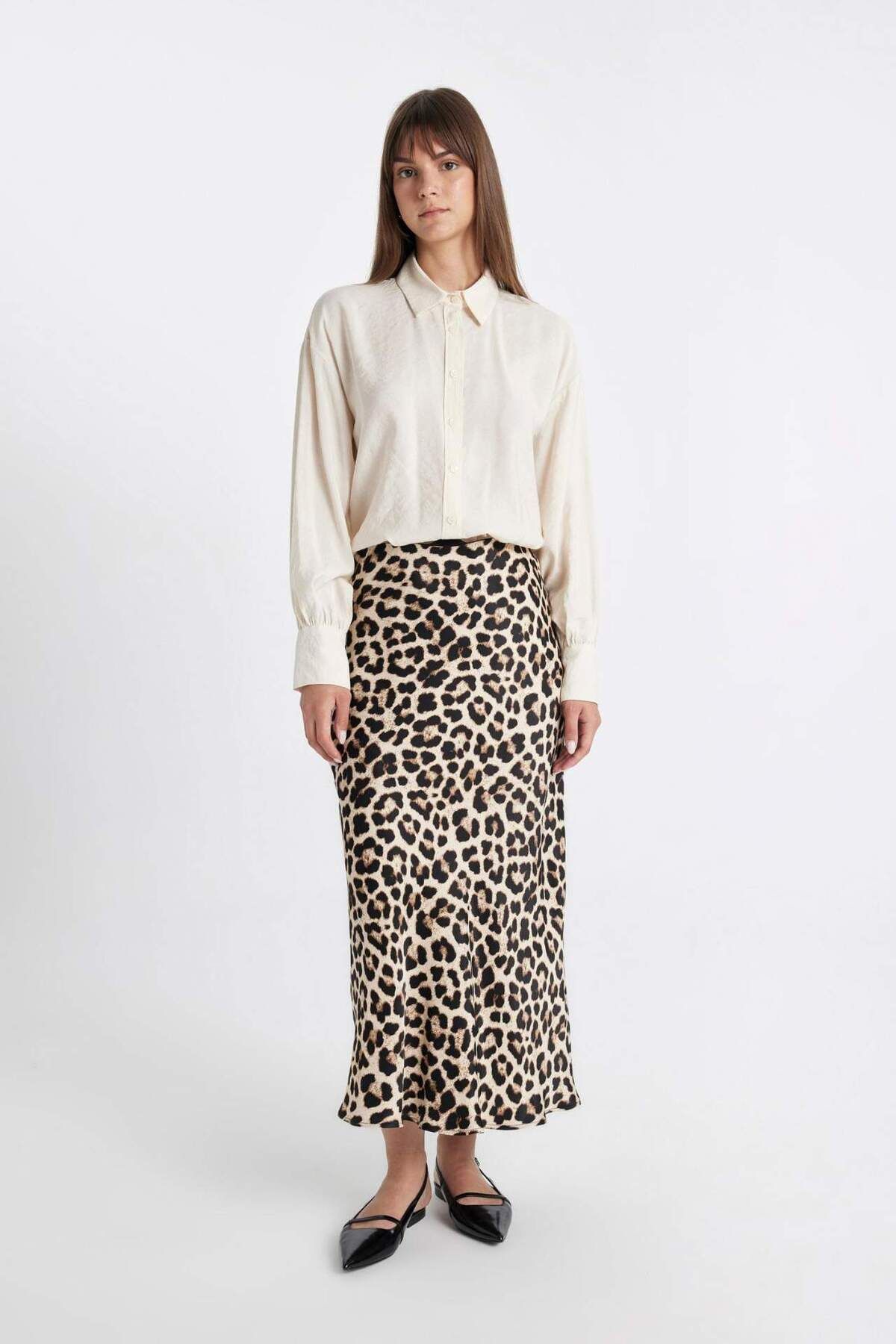 DeFacto-High Waist Leopard Patterned Satin Skirt - Long/Maxi Size D3905Axns 2