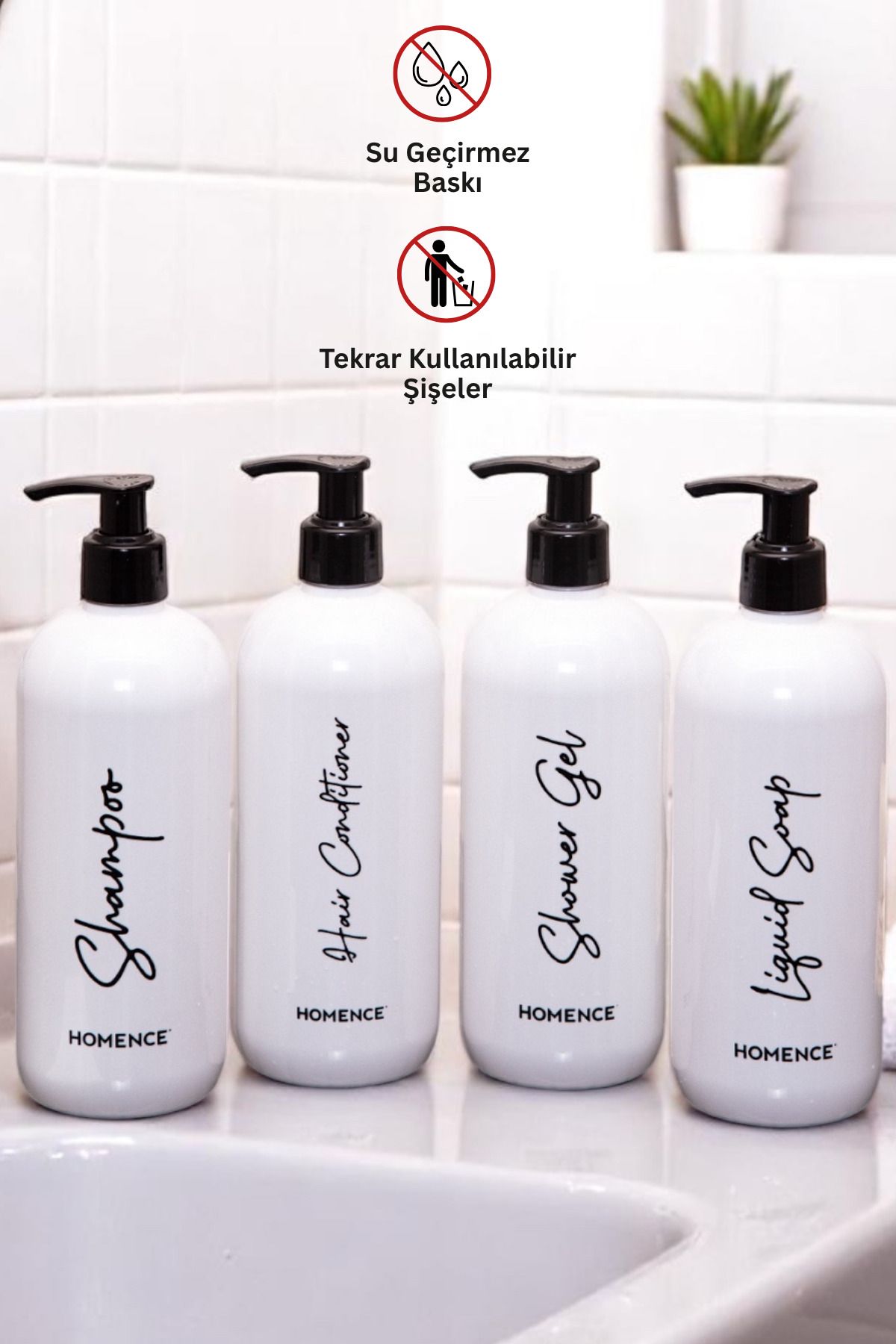 homence-Σετ 4 Σαμπουάν Αφρόλουτρο Conditioner Υγρό Σαπούνι Εκτυπωμένο Πλαστικό Μπουκάλι Σετ Μπάνιου Λευκό Δοχείο σαπουνιού 500ml 1