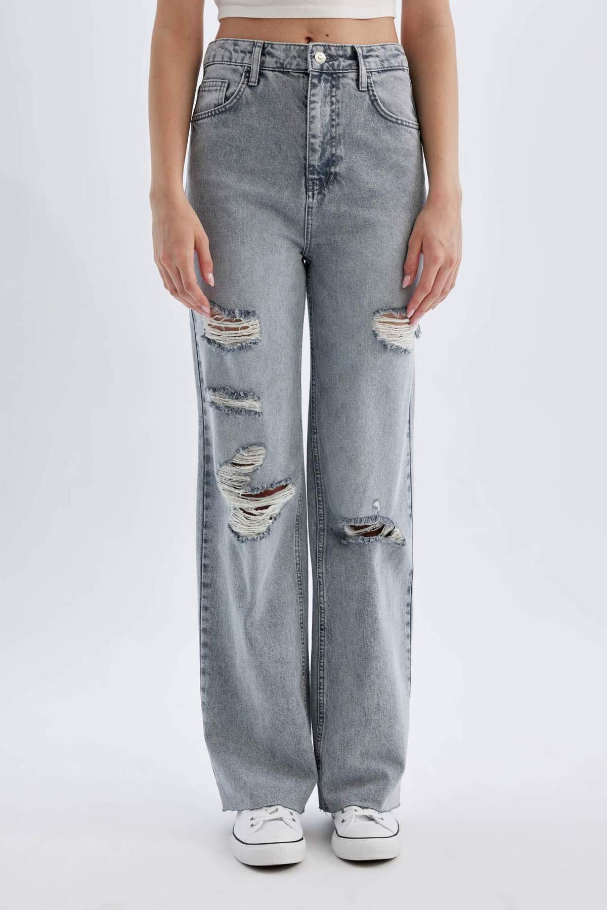 DeFacto-Pantaloni lungi de blugi spălați cu talie înaltă din anii 90 C8606AX24HS 1