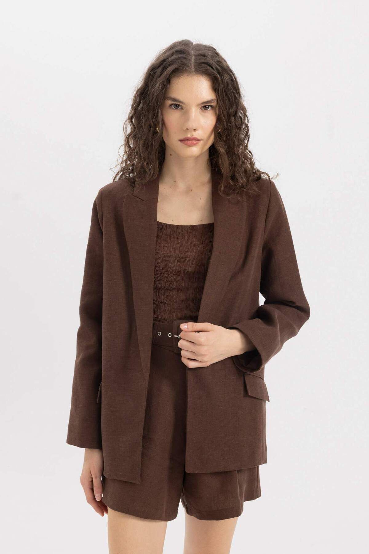 DeFacto-100 % Leinen Oversize Weite Passform Knopf-Basicschlichter Blazer Jacke C1437AX24SM 3