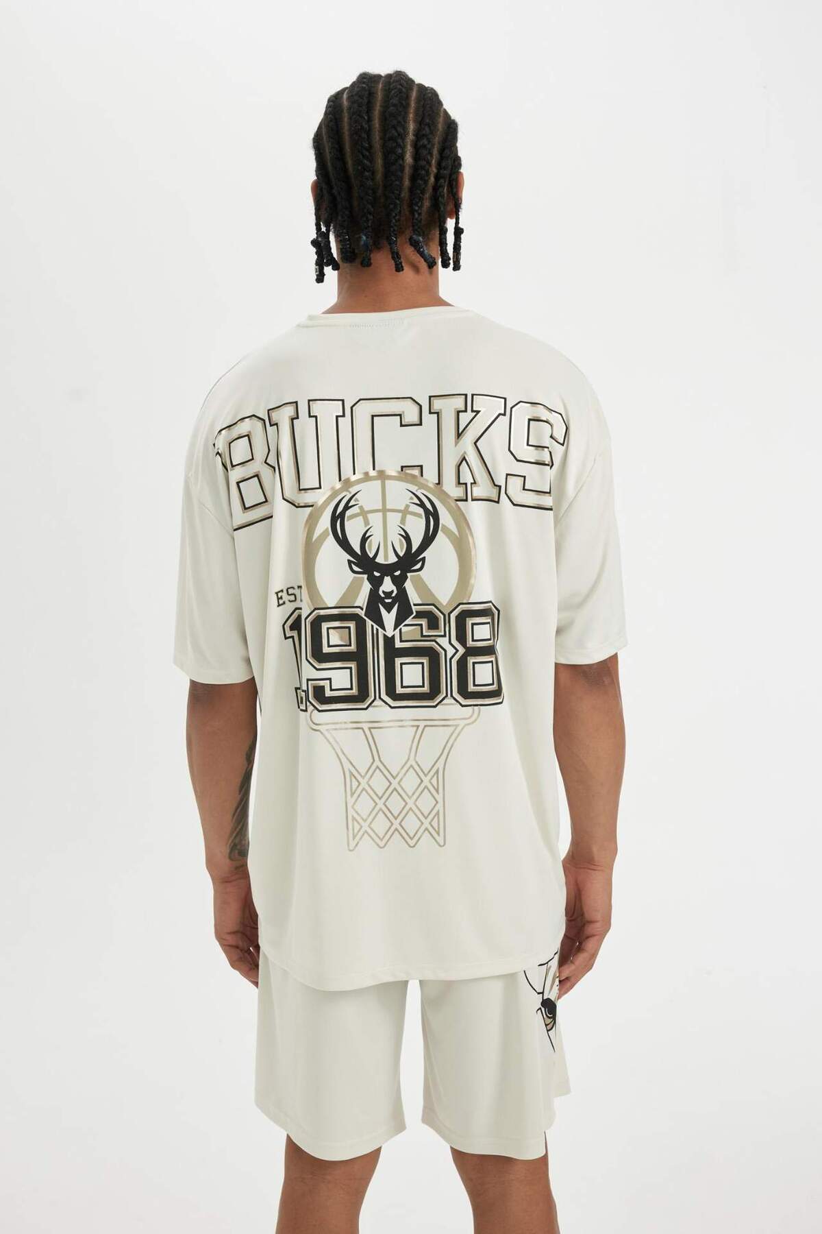 DeFacto-DeFactoFit NBA Milwaukee Bucks Oversize Wide Fit Crew Neck Βαρύ ύφασμα πλάτης με εμπριμέ κοντό μανίκι 6