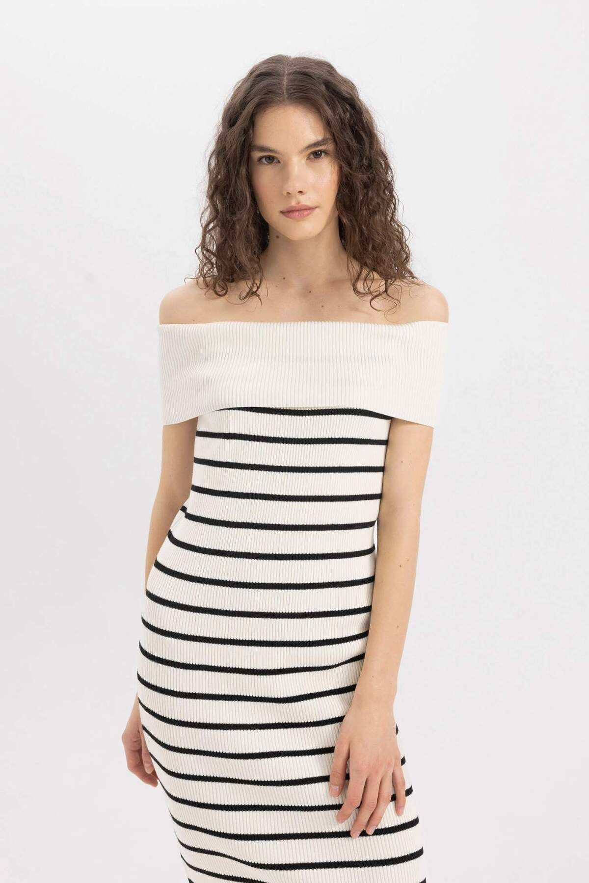 DeFacto-Rochie midi cu umăr deschis în dungi D2995AX24SM 3