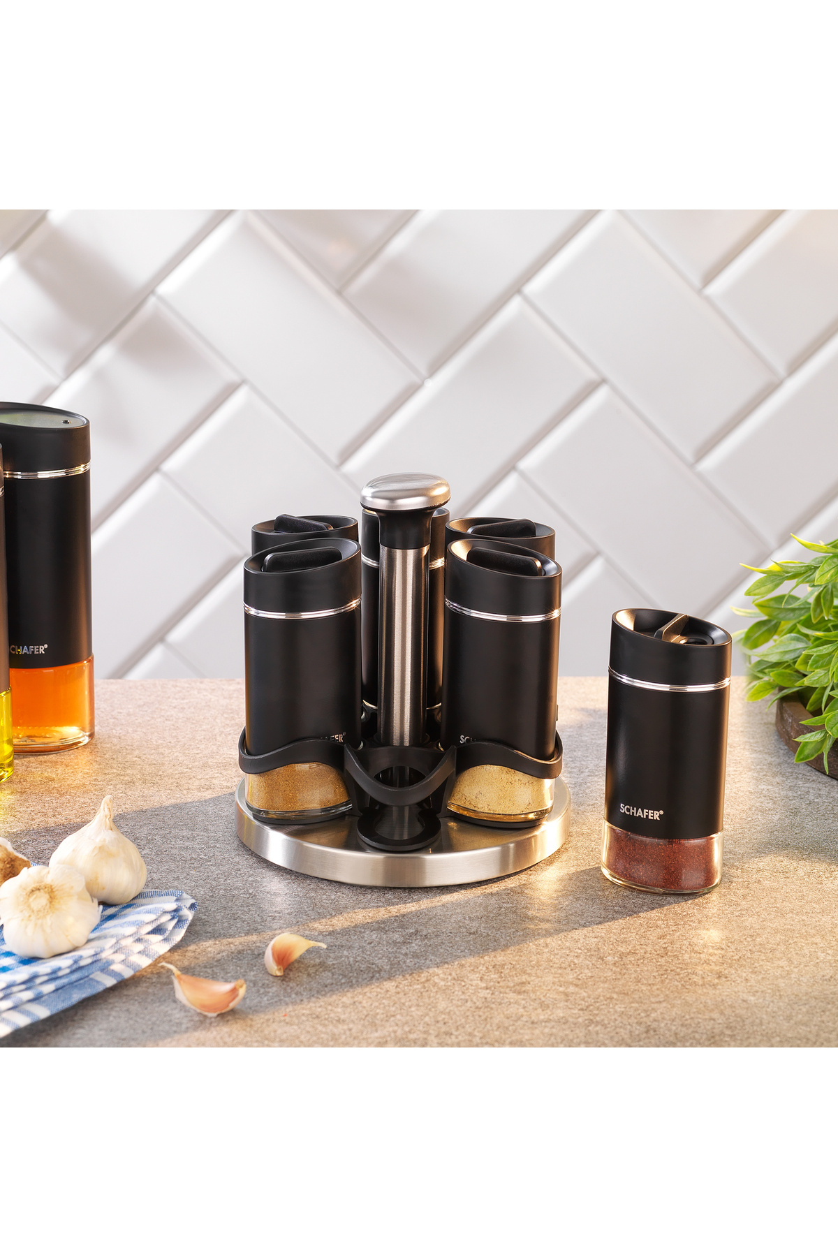 Schafer-Silver Touch Spice Set with Rotating Stand 7 Pieces-Black 1