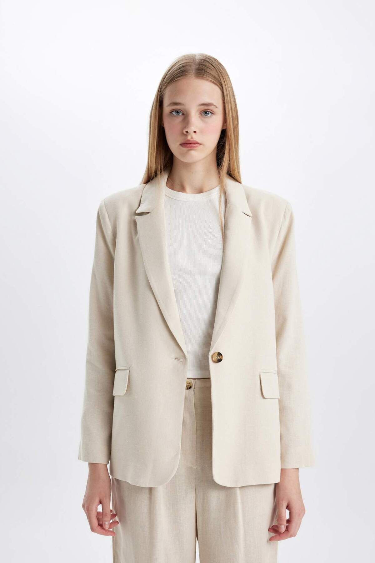 DeFacto-Regular Fit Double Breasted Lapel Linen Blend Button down Blazer Jacket Z8528Az24Sm 8