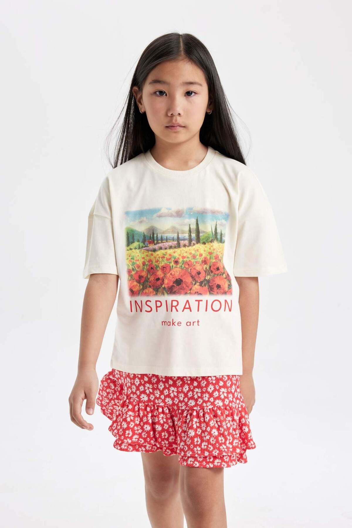 DeFacto-2-teiliges Set für Mädchen, T-Shirt mit Rundhalsausschnitt, bedruckt, kurze Ärmel, Blumenrock C5356A824HS 3