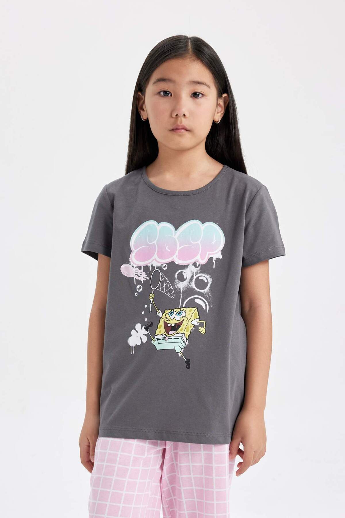 DeFacto-Girls Spongebob Pajamas Set Crew Neck Short Sleeve Top Long Bottom C2957A824Sm 3