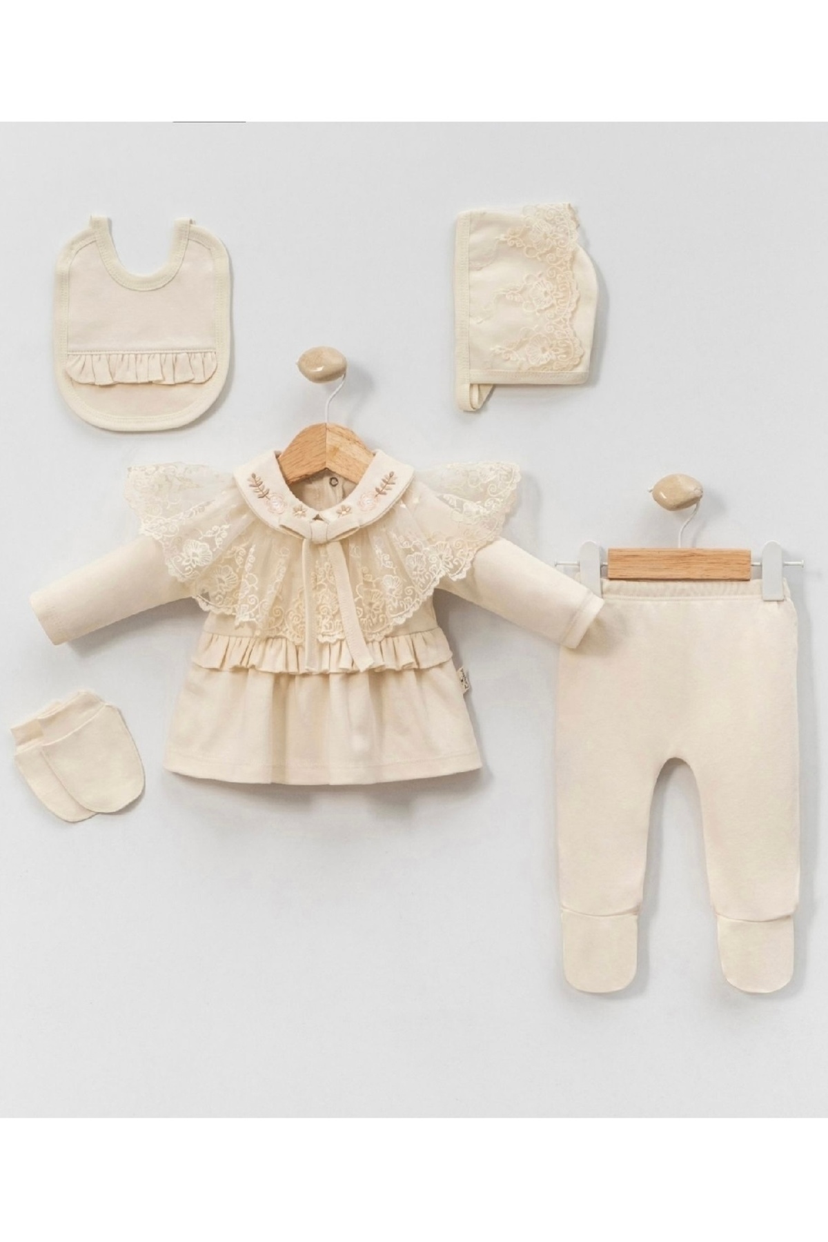 Cherub Baby Mobil Dantel Yaka Tüllü Kız Bebek Yenidoğan 5 Parça Hastane Çıkışı Zıbın Seti fotoğrafı 4 (önizleme)