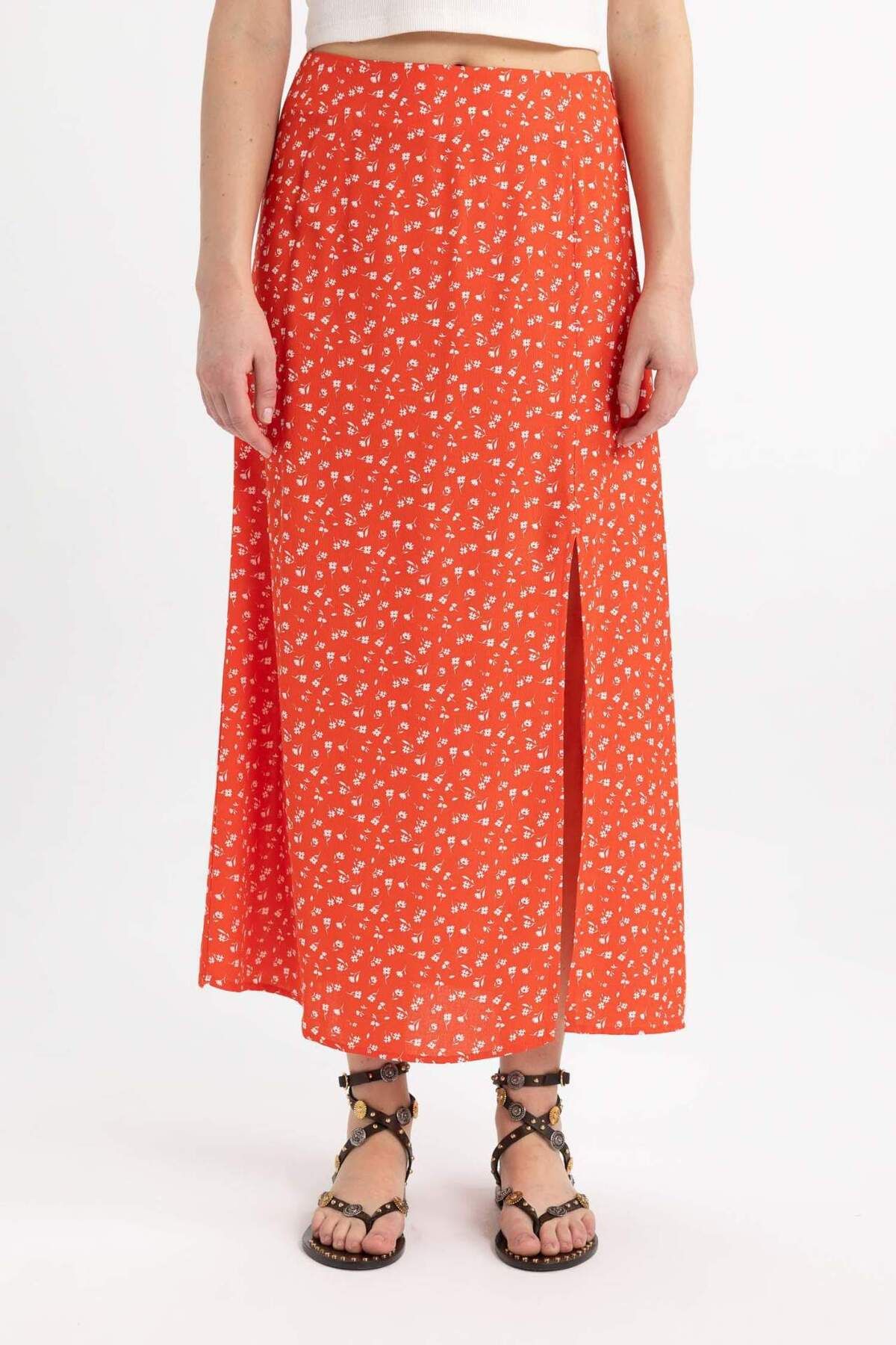 DeFacto-A-Line Floral Regular Waist Slit Midi Skirt X6692Az24Sm 4