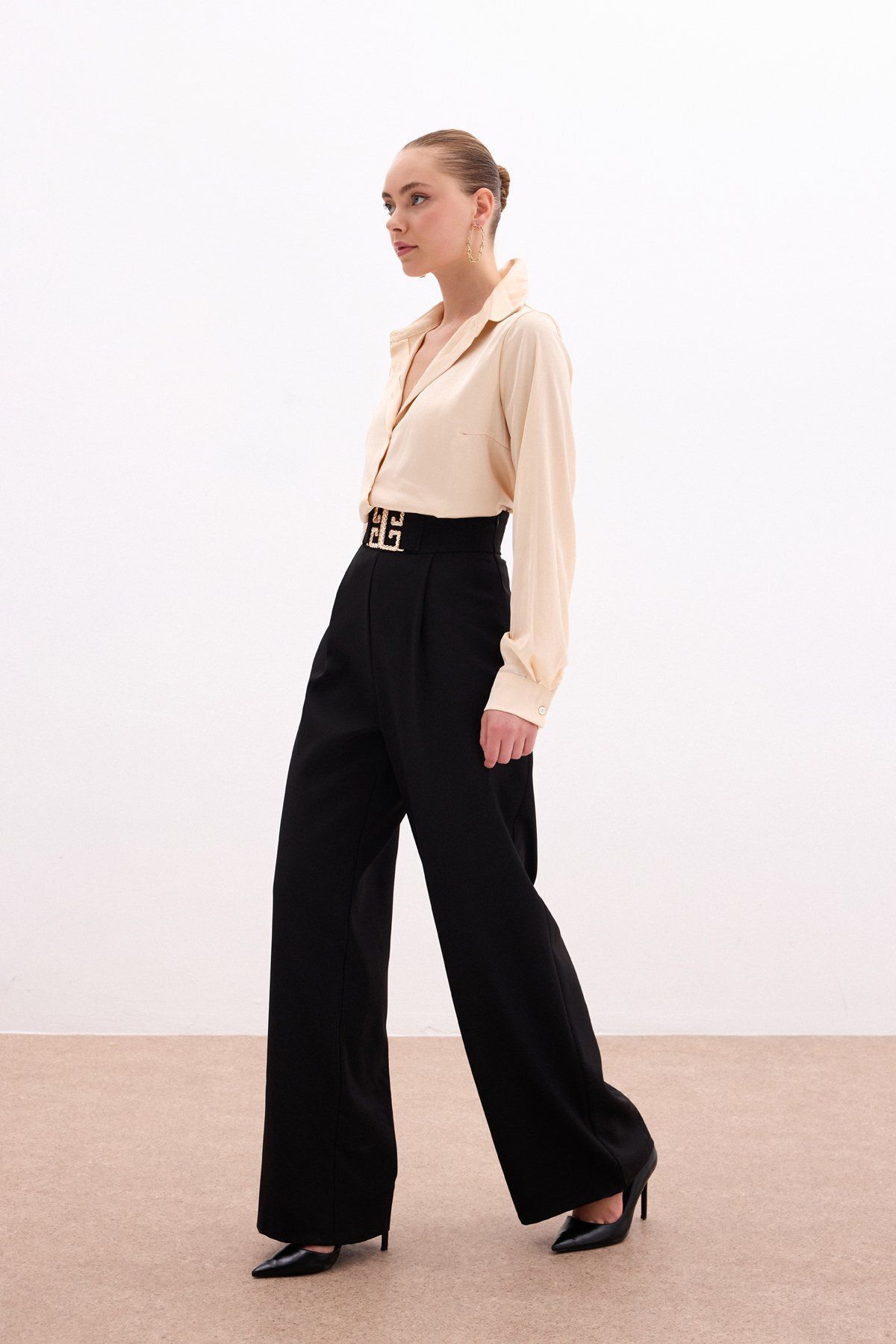 Sateen-Wide Leg Trousers with Waist Accessory - BLACK 5