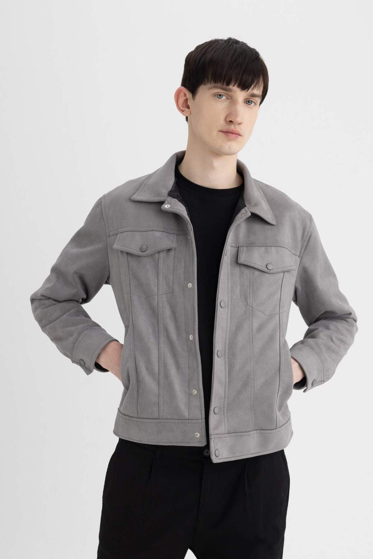 DeFacto-Slim Fit semišová bunda Slim Fit košile s límečkem a kapsou na patentky C7906AX24SP 4