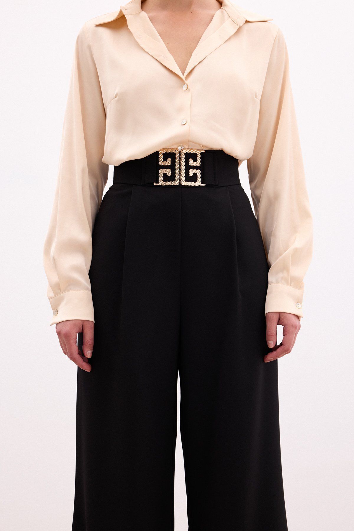 Sateen-Wide Leg Trousers with Waist Accessory - BLACK 6