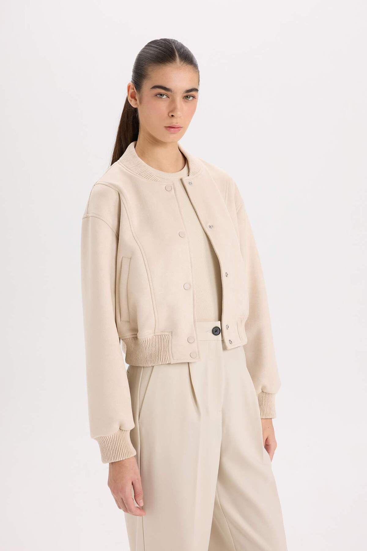 DeFacto-College Collar Bomber Coat Jacket Basic Plain Snap Fastener Suede B8822Ax24Sp 3