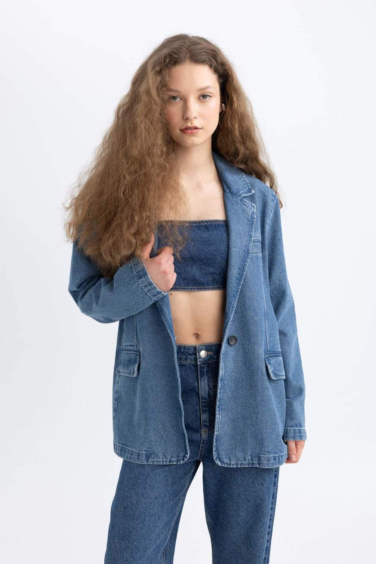 DeFacto-Oversize Wide Fit Button Jean Blazer Jacket C3381Ax24Sm 4