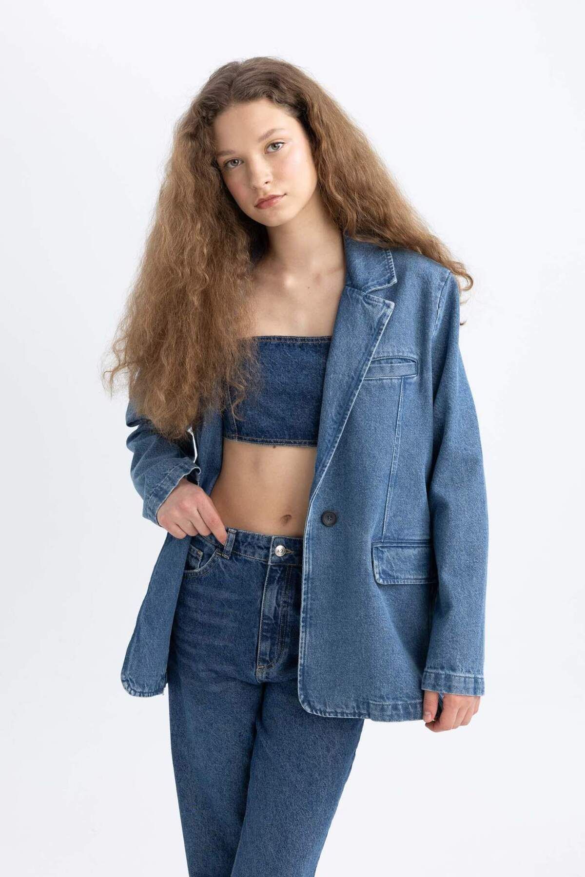 DeFacto-Oversize Wide Fit Button Jean Blazer Jacket C3381Ax24Sm 3