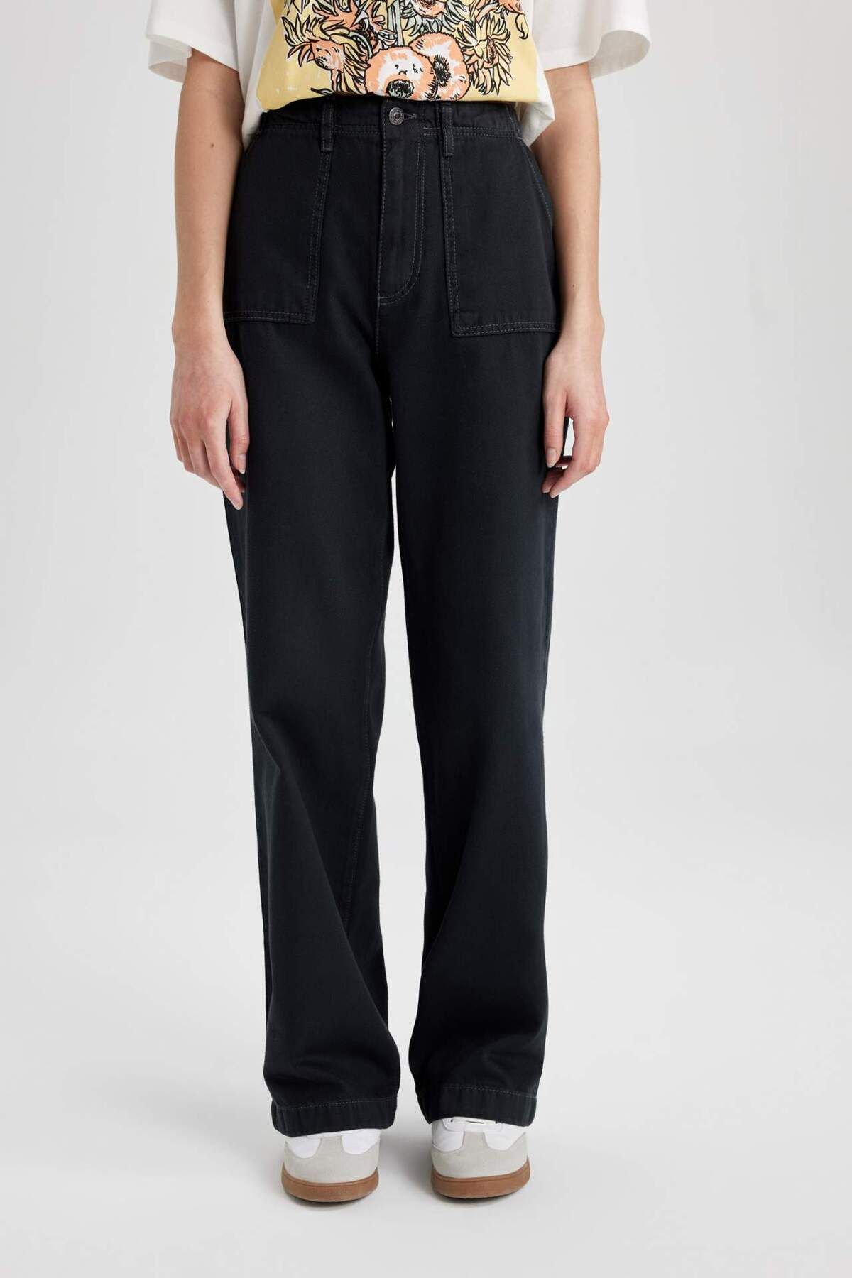 DeFacto-Gabardine Trousers Wide Leg Wide Loose Leg Basic Plain with Pockets Standard Size Regular Waist C1735Ax24Sp 4