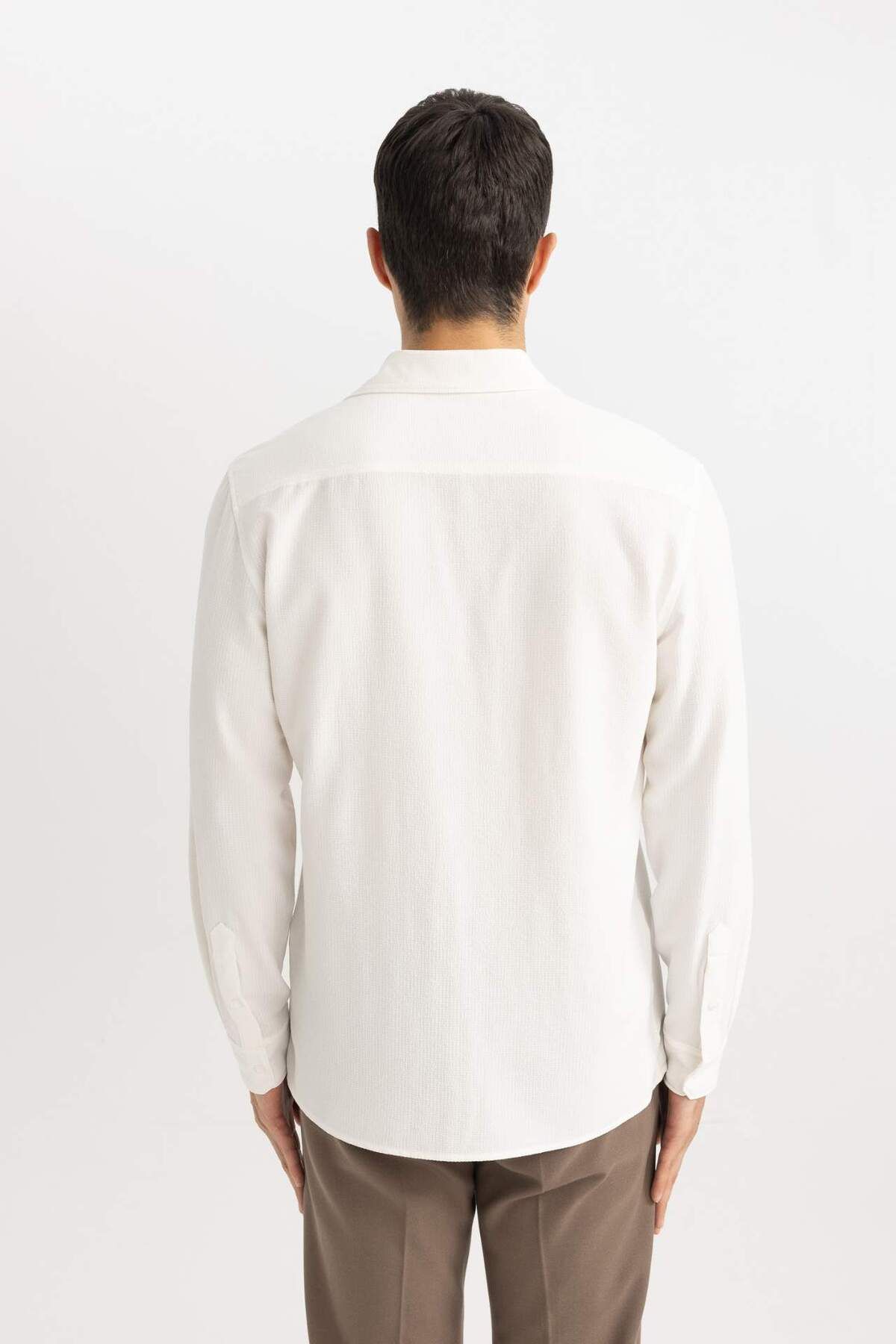 DeFacto-Modern Fit Polo Collar Basic Plain Crinkle Long Sleeve White Shirt B7384Ax24Sp 6