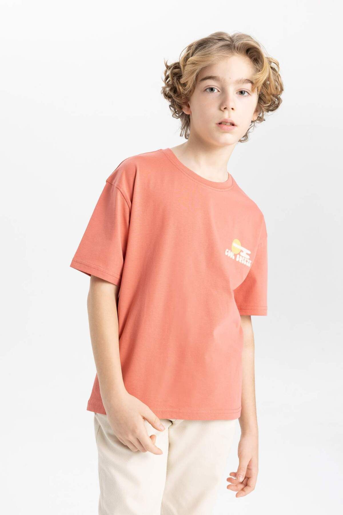 DeFacto-Tricou cu mânecă scurtă cu imprimeu pe spate pentru băiat oversize cu decolteu lat B8894A824SM 3