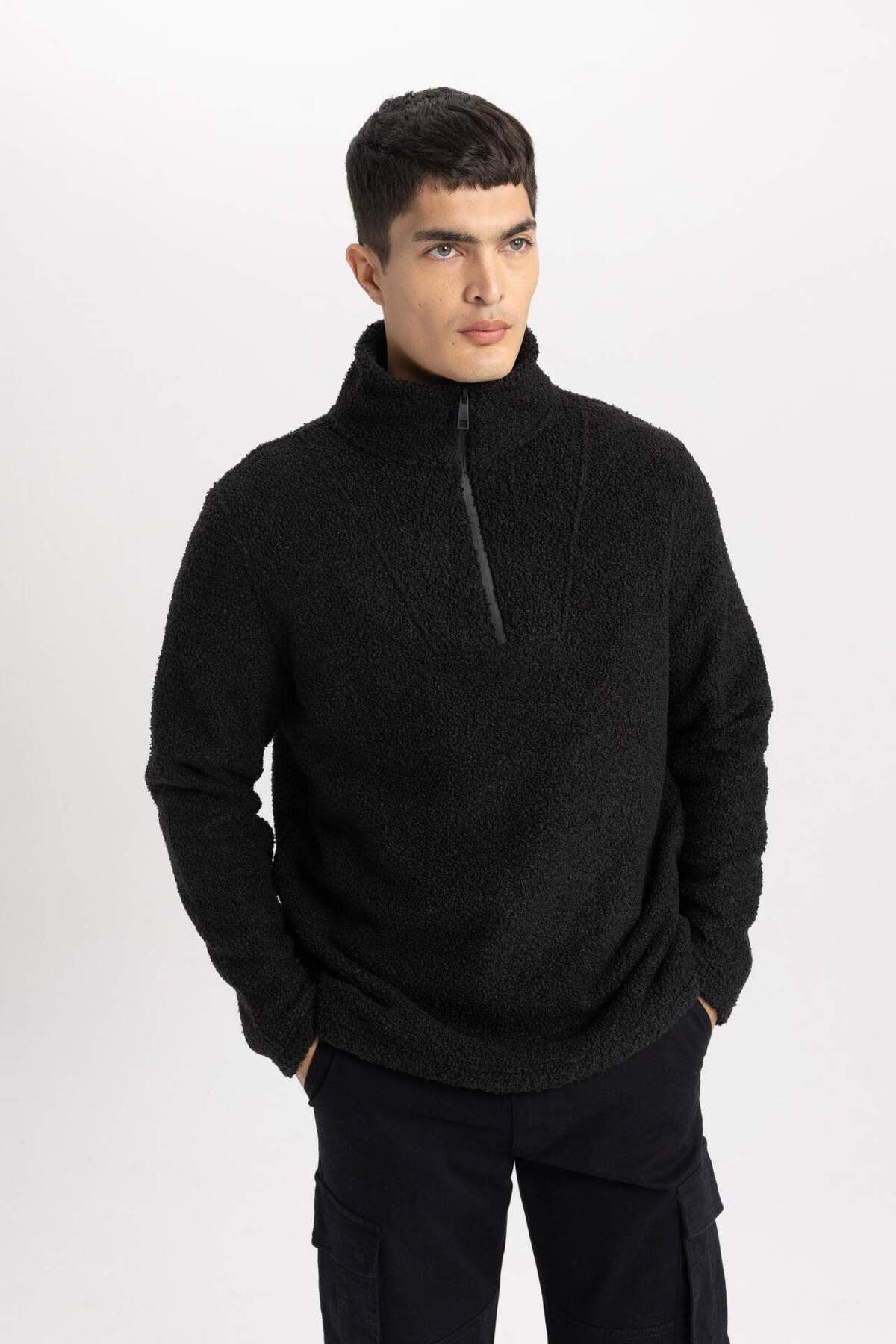 DeFacto-Regular Fit Stand Collar Zippered Plush Sweatshirt B6493Ax24Sp 8