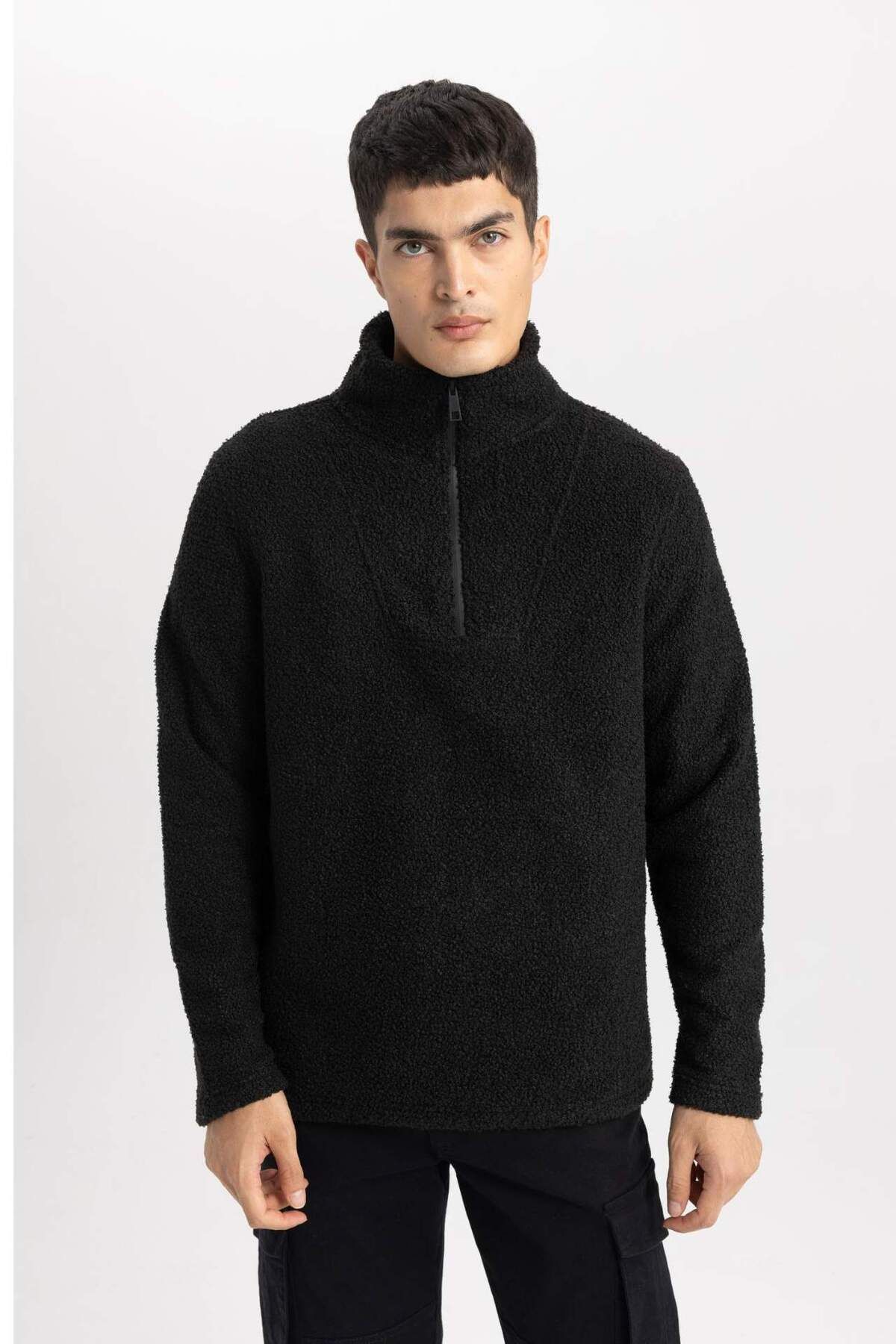 DeFacto-Regular Fit Stand Collar Zippered Plush Sweatshirt B6493Ax24Sp 4