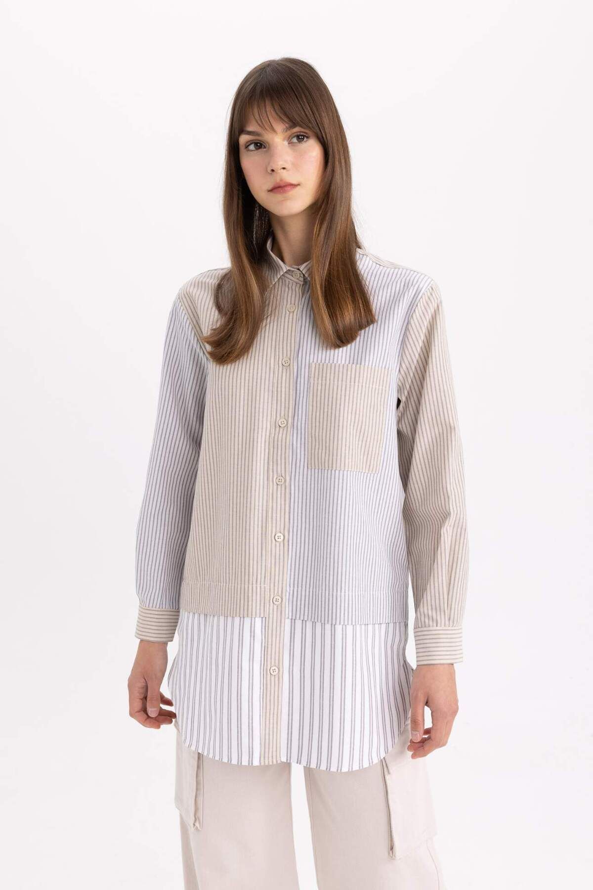 DeFacto-Relax Fit Gestreiftes Popeline Basic Langarmshirt Tunika B6845ax24sp 4