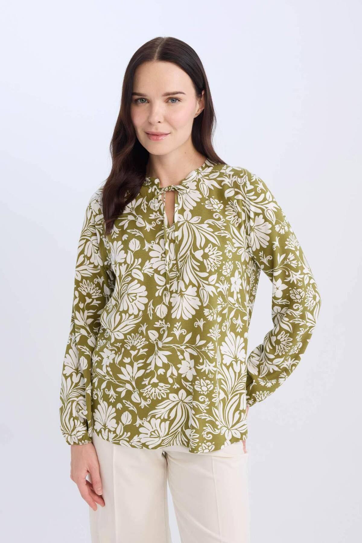 DeFacto-Regular Fit Lace-Up Collar Pattern Long Sleeve Blouse N1809Az24Sp 1