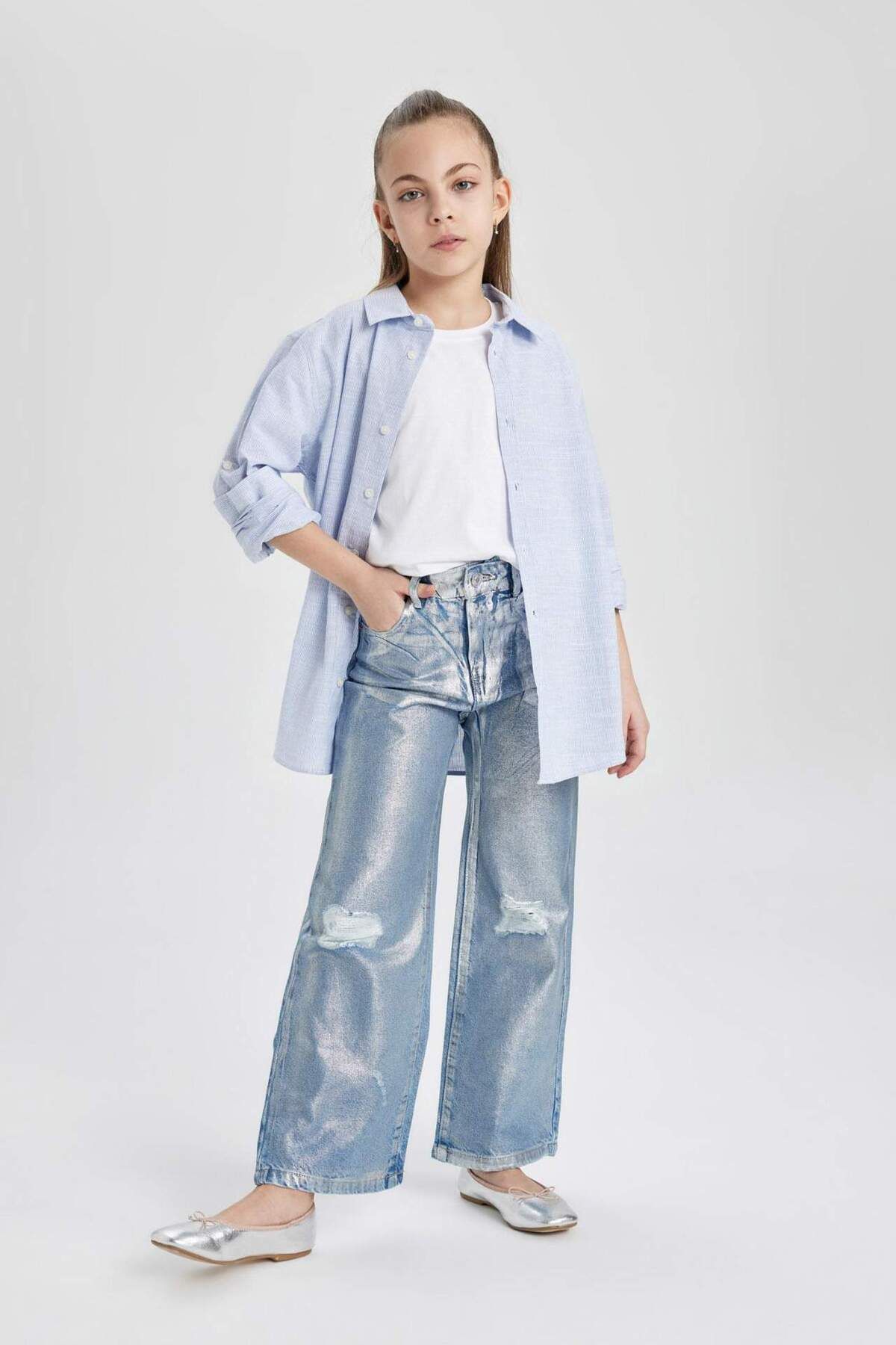 DeFacto-Pantaloni de blugi cu picioare largi rupte pentru fete C1989A824SP 4