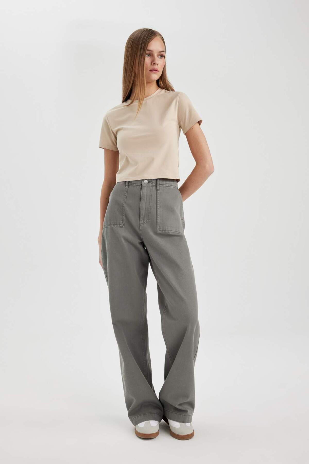 DeFacto-Gabardine Trousers Wide Leg Wide Loose Leg Basic Plain with Pockets Standard Size Regular Waist C1735Ax24Sp 2