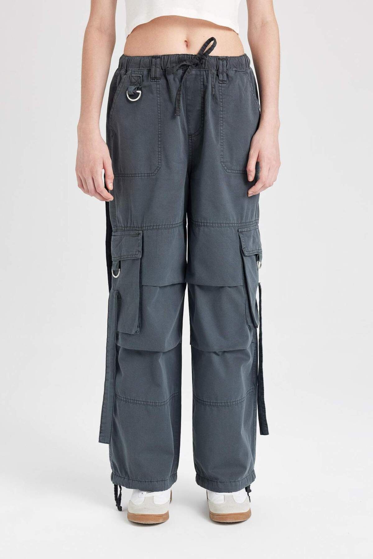 DeFacto-Wide Leg Gabardine Trousers - Straight Lace-Up, Regular Waist, Cargo Pocket B1205Ax24Sp 4