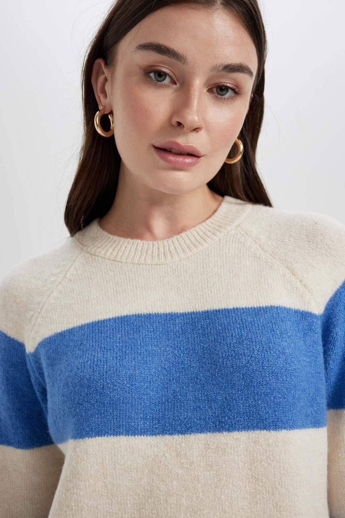 DeFacto-Regular Fit Crew Neck Ριγέ Πλεκτό Πουλόβερ Μπλούζα B3815AX23WN 8
