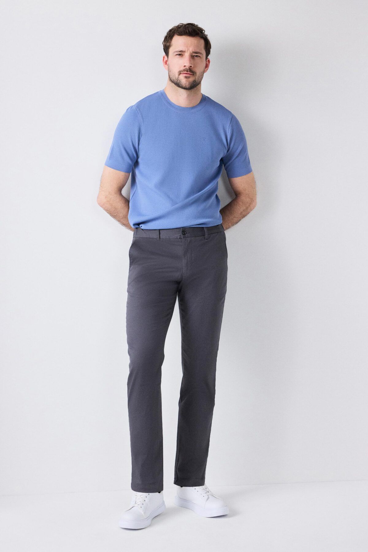 D'S Damat-Ds Damat Slim Fit Anthracite Dobby Side Elastic Waist Flexible Lycra Side Pocket Chino Trousers 3