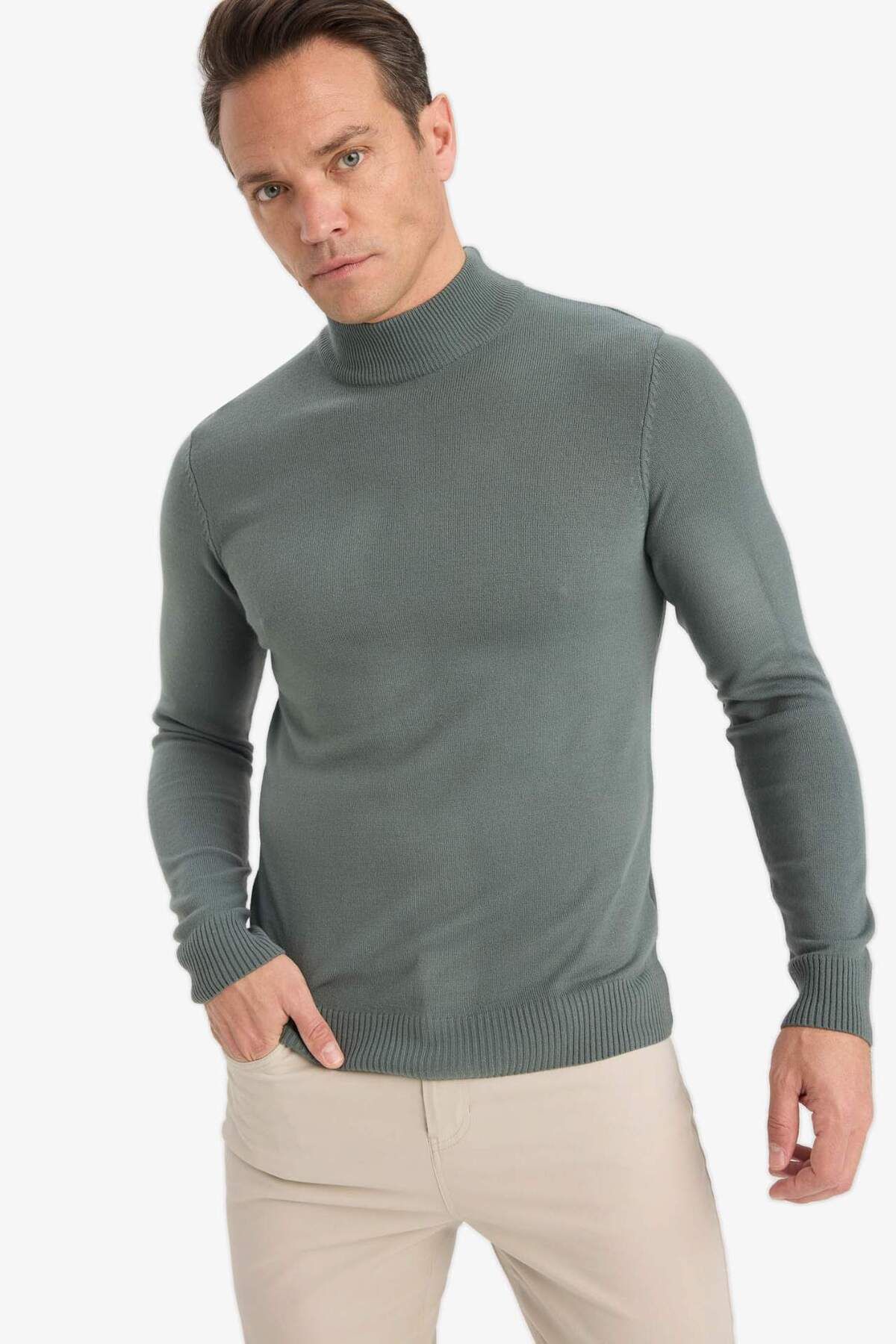 DeFacto-Námořnická modrá Slim Fit Slim Fit Poloviční rolák Basic Plain Knitwear Pullover R1127AZ23WN 3