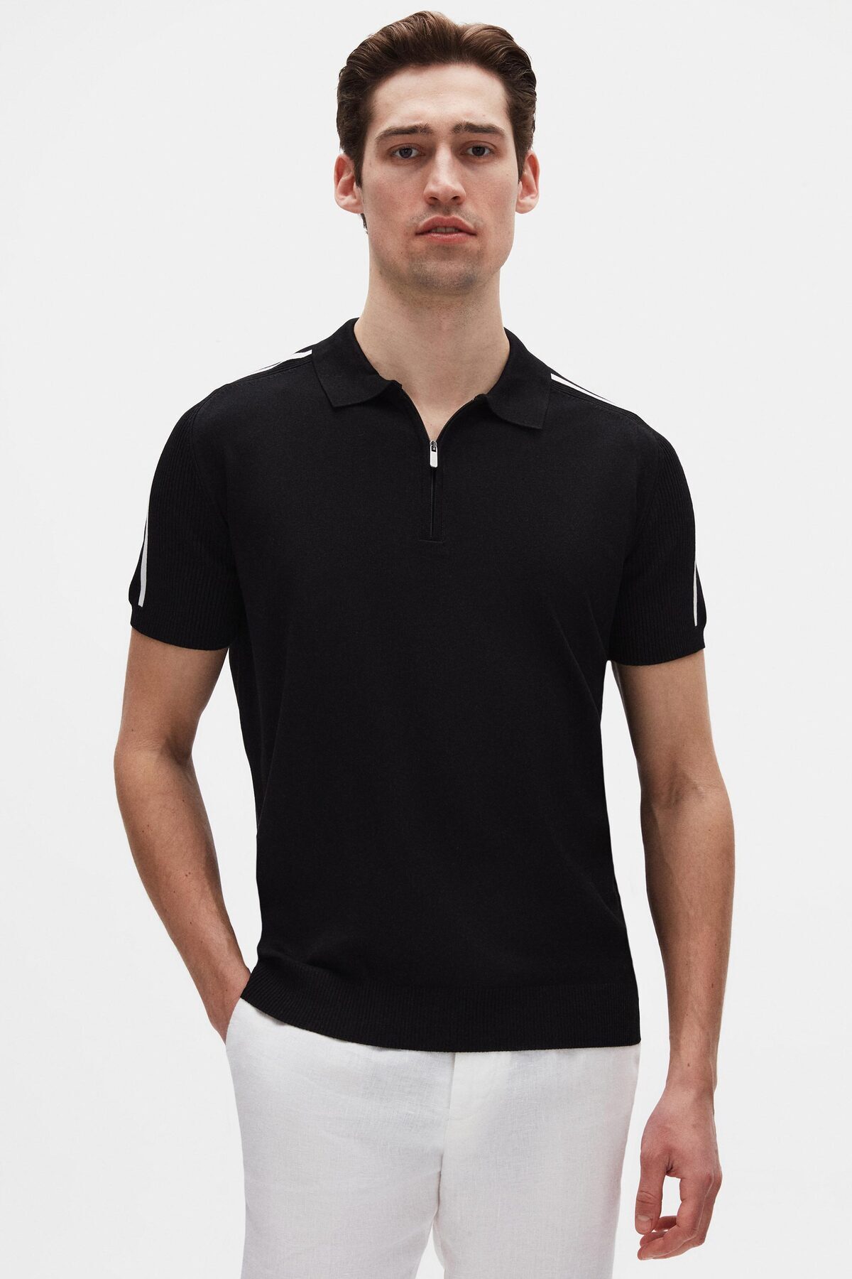 دی اس دامات تی‌شرت بافتنی زیپ‌دار مشکی ریون یقه پولو مدل Slim Fit از برند Ds Damat