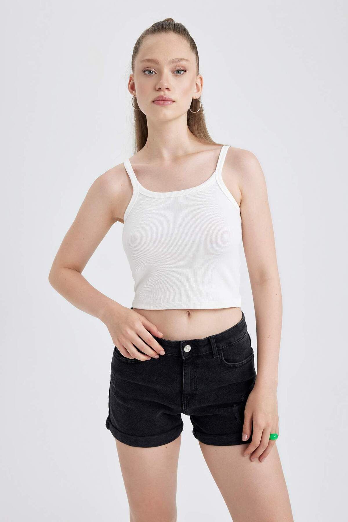 DeFacto-Coool Fitted Ribbed Camisole White Strap Basic Undershirt B1659Ax23Hs 3