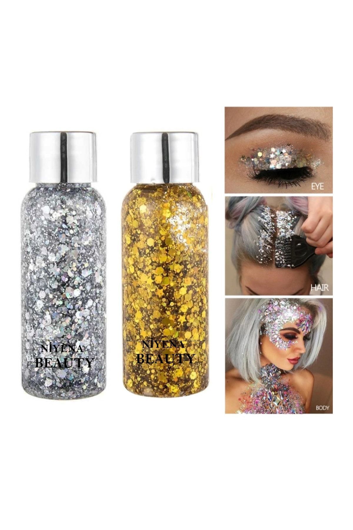 NİYENABEAUTY Jel Formlu Parlak Glitter Face Makeup & Body & Hair Gold Ve Gümüş Renk 2 Li Set - Fiyatı, Yorumları