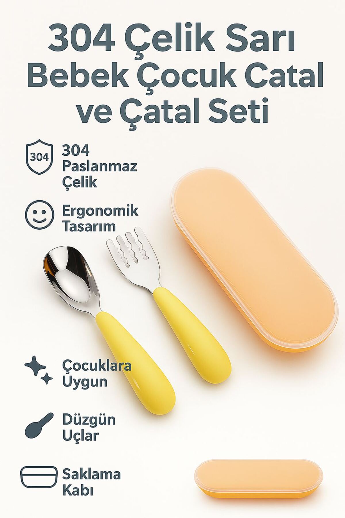 Chavin 304 Çelik Sarı Bebek Çocuk Kaşık ve Çatal Seti cin770sr fotoğrafı 5 (önizleme)
