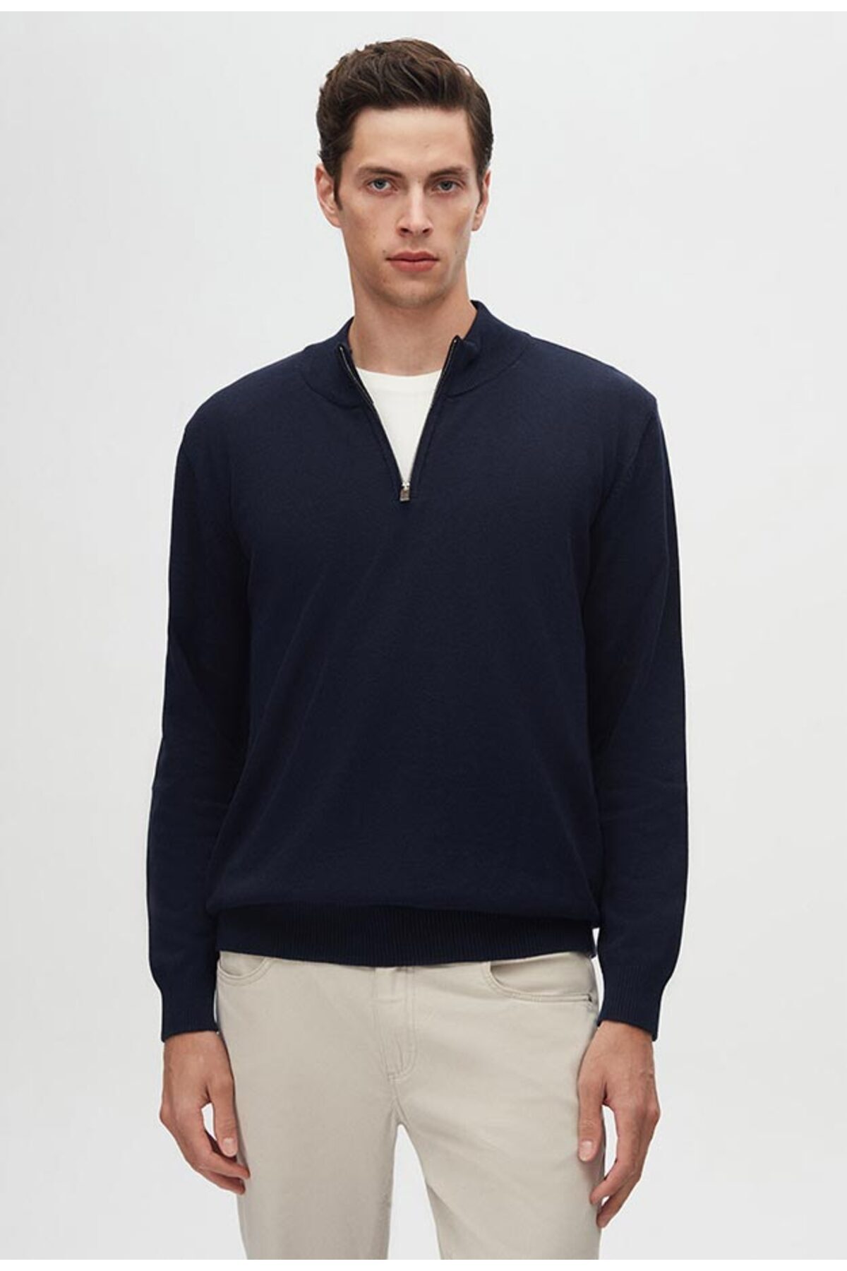 دی اس دامات ژاکت بافتنی نیم زیپ دار آبی نفتی دی اس دامات اسلیم فیت