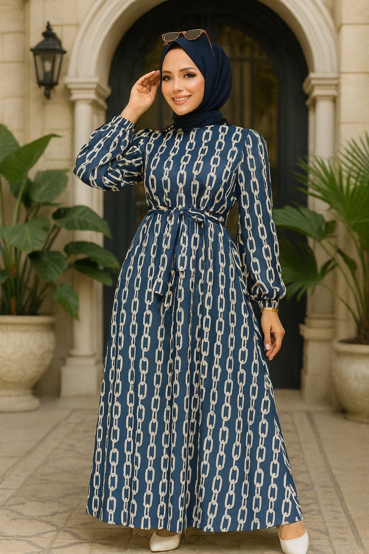 Neva Style-Navy Blue Patterned Hijab Dress - 23422L 1