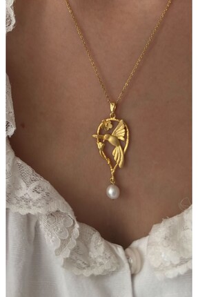 Leorat Store Altın Kaplama Özel Tasarım Kuş Figürlü Gerçek İncili Kolye