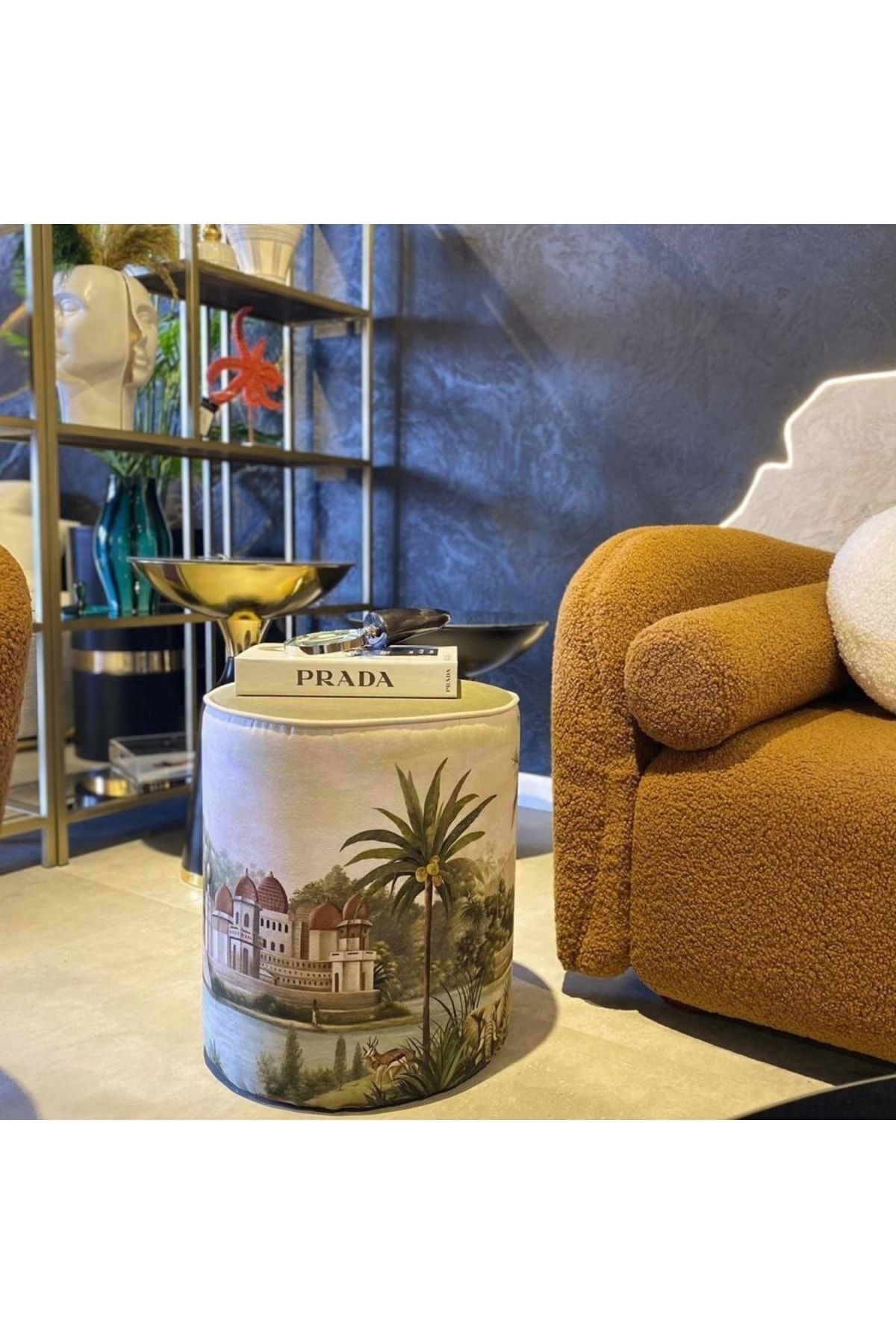Pouffe with Colorful Landscape Design (Its fabric is Suede. It has an International Certificate of No Fading.)