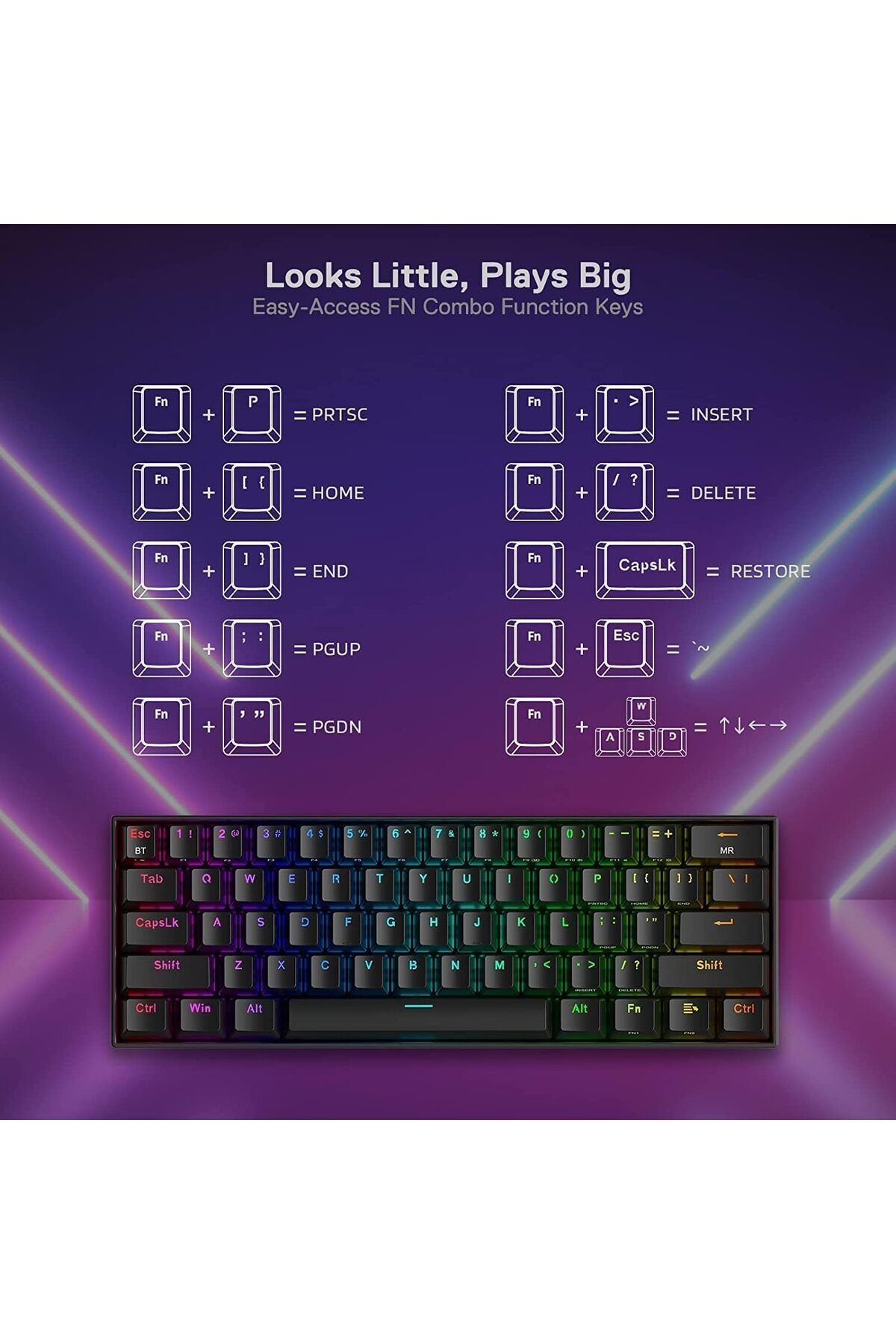 REDRAGON-Compact RGB Mechanical Gaming Keyboard, Wireless Bluetooth 2.4GHz Wired, 3 Modes, 61 Keys with Hot-S 8