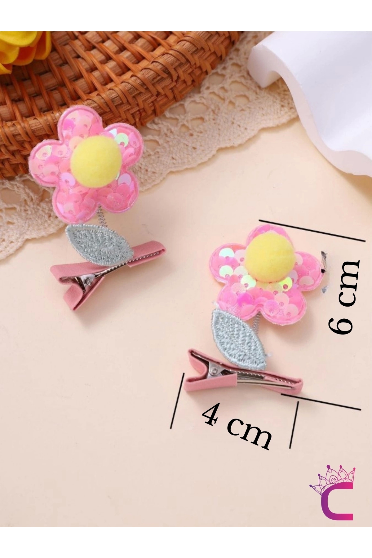 Cinderella 2'li 3D Boyutlu Pembe Sarı Ponponlu Pullu Çiçekli Yeşil Yapraklı Sallanan Pens Toka Seti Saç Tokası fotoğrafı 4 (önizleme)