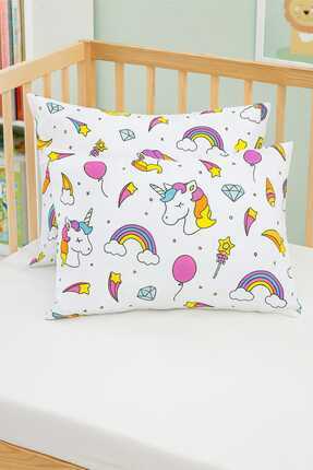 Bebek Özel %100 Pamuklu Bebek Çocuk Yastık Kılıfı 35x45 cm Beyaz Unicorn Pemb...
