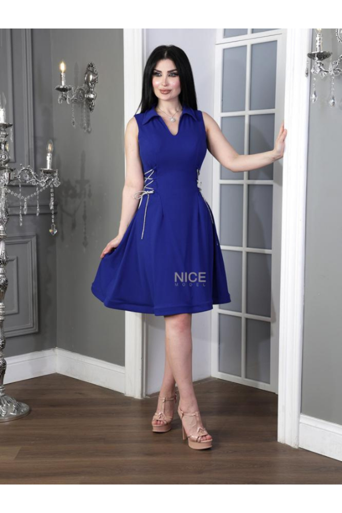 Nice Model Elegant short crepe dress with a classic collar and side tie  detail, suitable for both formal and informal wear for women.- Trendyol