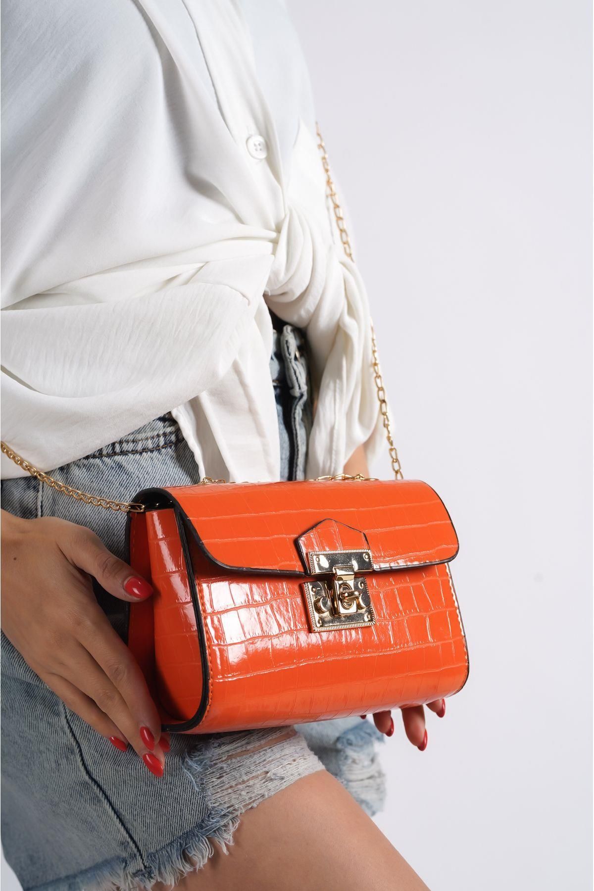 Mubiano-1140-Orj Rectangular Form Chain Strap Crocodile Pattern Strap Shoulder, Hand and Arm Bag 3